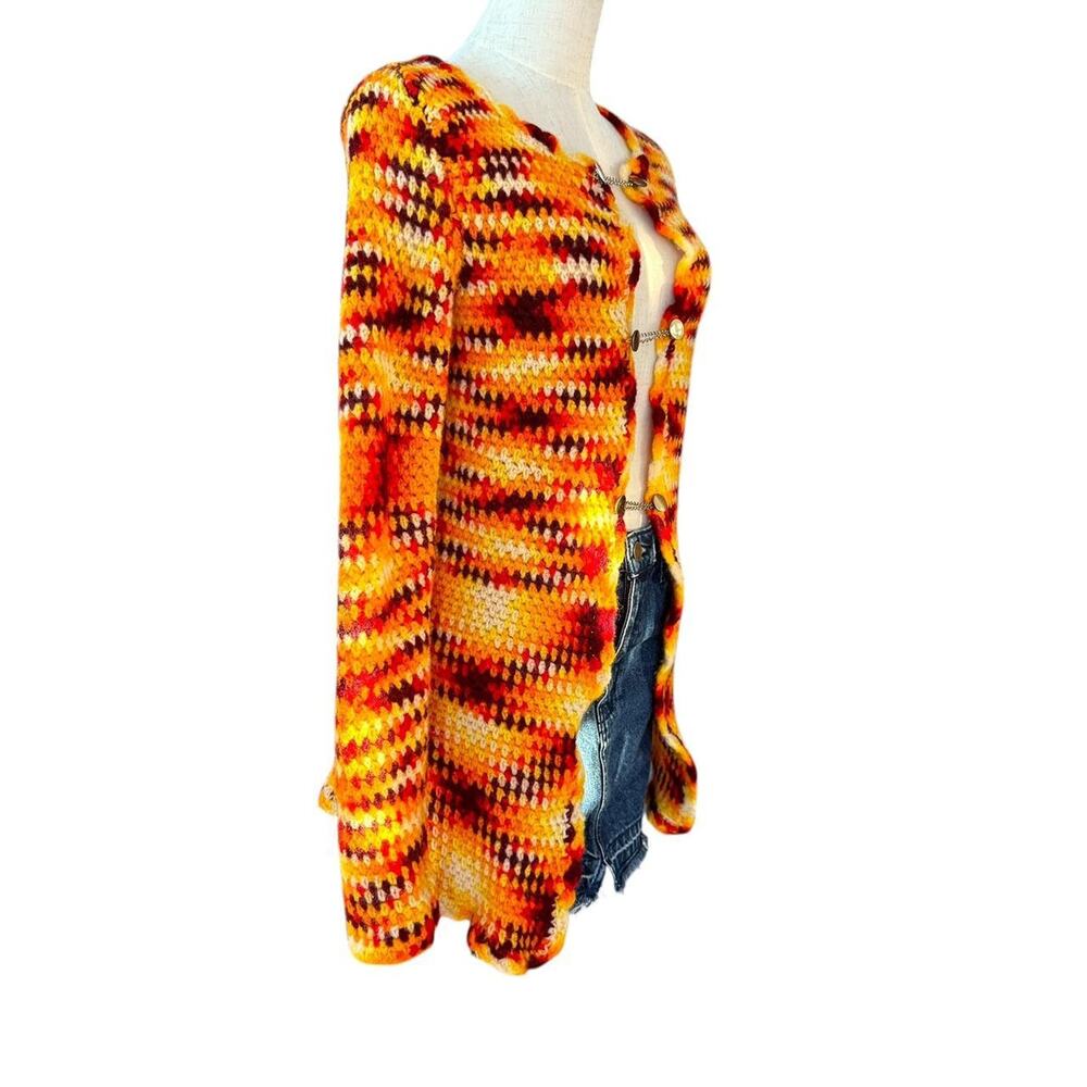 Vintage 70s Crochet Cardigan Sweater Handmade Retro Boho Grannycore Fall Knit - Picture 2 of 8